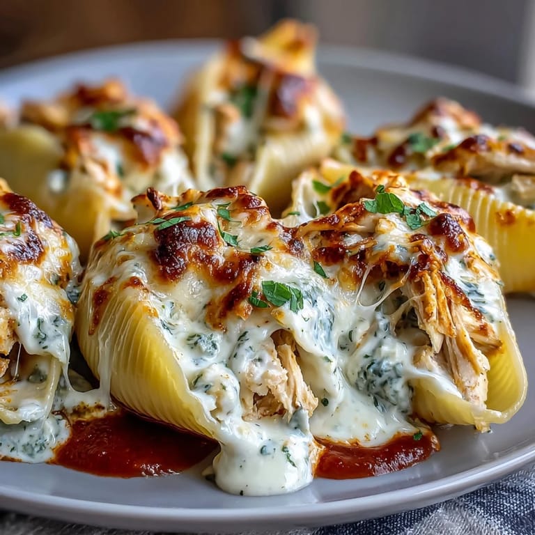 Jumbo pasta shells filled with creamy pesto chicken and Greek yogurt, arranged in a baking dish.