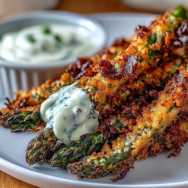 Close-up of Crispy Chili-Garlic Asparagus Fries highlighting golden panko crust and spicy chili flakes, ready to eat.