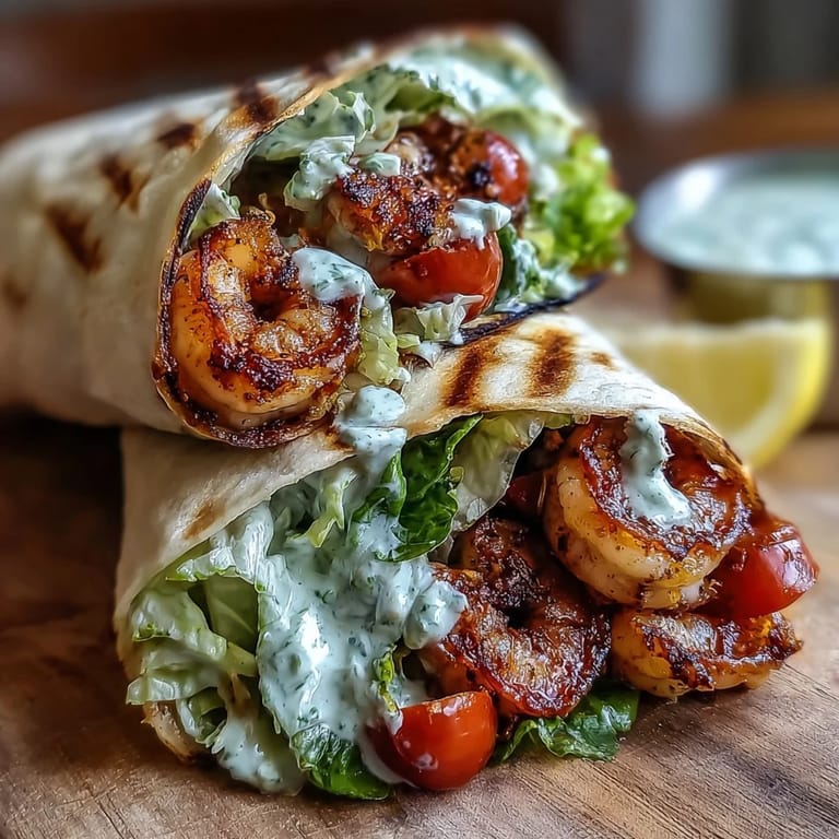 Close-up of a sliced Grilled Shrimp Caesar Wrap showing juicy shrimp and creamy Caesar dressing drizzle.