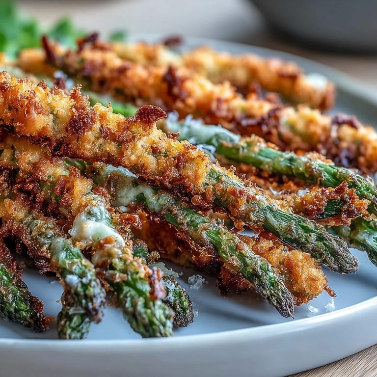 Baked Crispy Chili-Garlic Asparagus Fries served with a spicy mayo dip and fresh lager beer.