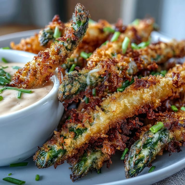 Sizzling Crispy Chili-Garlic Asparagus Fries sit beside creamy sriracha mayo, garnished with fresh parsley on a napkin.