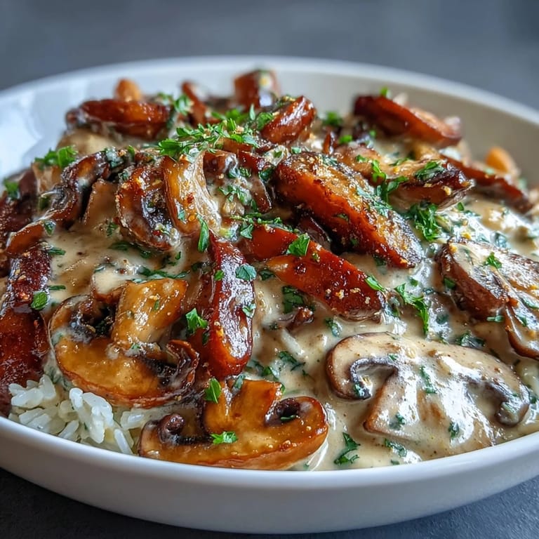 Rich and savory vegan stroganoff with tender mushrooms and silky sauce atop wholesome brown rice.  