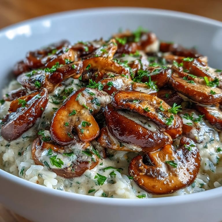 Hearty vegan mushroom stroganoff in a creamy sauce, served over nutty brown rice for a satisfying meal.