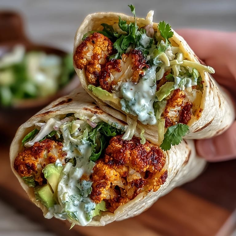 Spicy buffalo cauliflower florets paired with crunchy cabbage slaw and avocado slices in a warm tortilla for bold, vegan flavor.