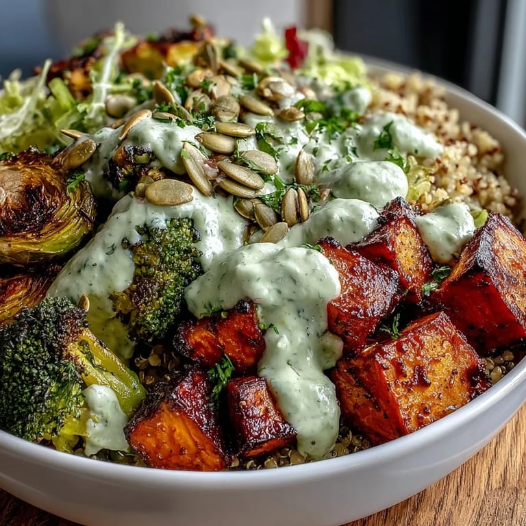 Nutritious quinoa and chickpea base loaded with seasonal roasted veggies and drizzled with herby avocado dressing in a vibrant Buddha bowl.  