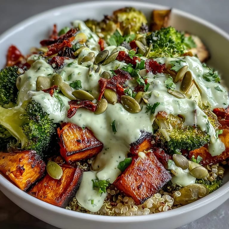 Hearty plant-based bowl featuring smoky roasted vegetables, fluffy quinoa, chickpeas, and a luscious Green Goddess avocado dressing.