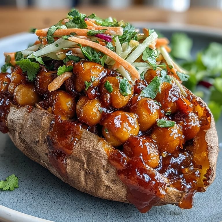 Smoky BBQ chickpeas and tender roasted sweet potatoes paired with crisp, maple-vinegar slaw for a hearty vegan meal.  