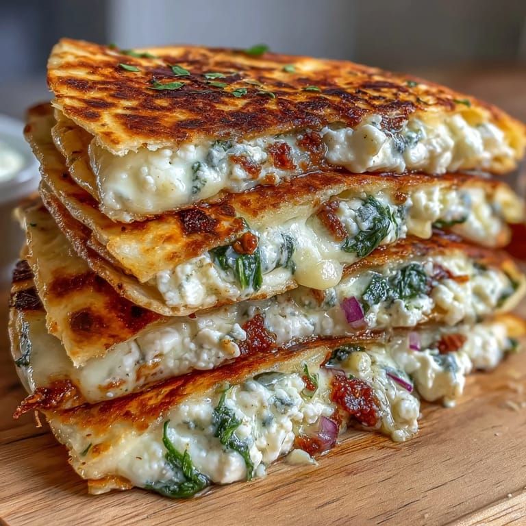 Crispy Mediterranean quesadilla oozing with feta, mozzarella, and garlicky spinach, served warm with a sprinkle of basil.