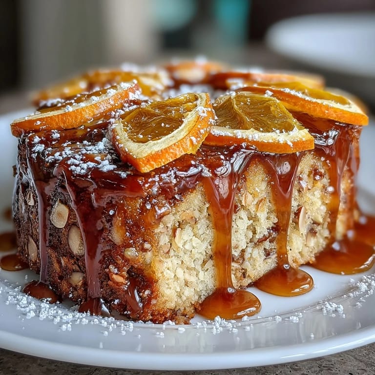 Slices of candied orange crown a moist almond cake, infused with orange zest and drizzled with fragrant citrus syrup for an elegant treat.