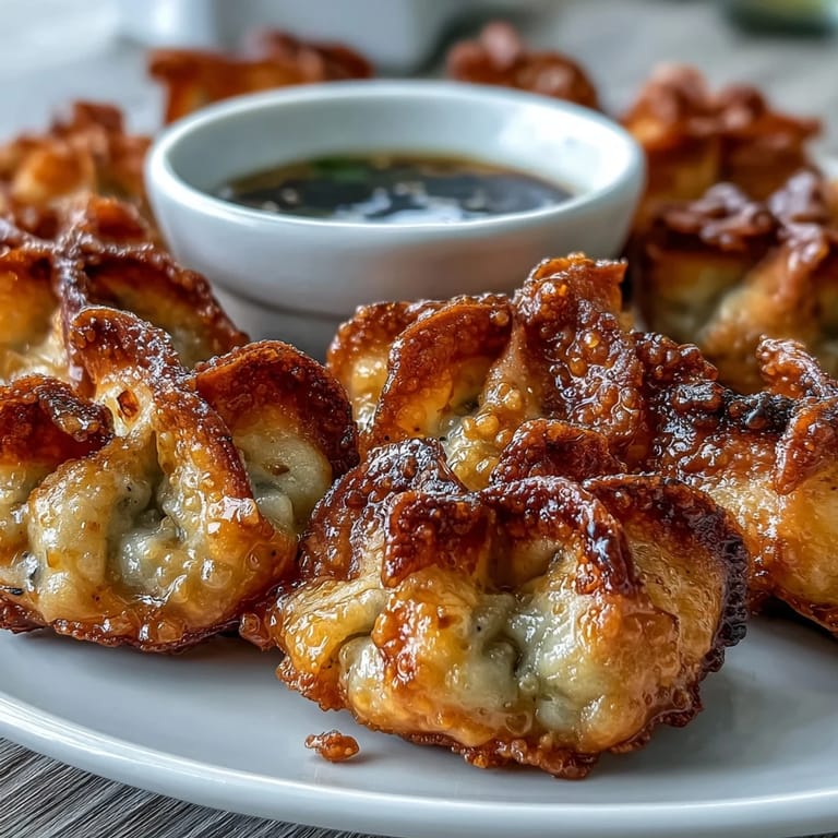 Asian-inspired air-fried dumplings with a crispy exterior, juicy pork filling, and a savory soy ginger dipping sauce, perfect for sharing.