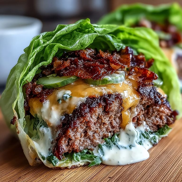 Fresh iceberg lettuce cups filled with seasoned ground beef burgers, melted cheese, and zesty secret sauce—a satisfying keto-friendly cheeseburger without the bun.  