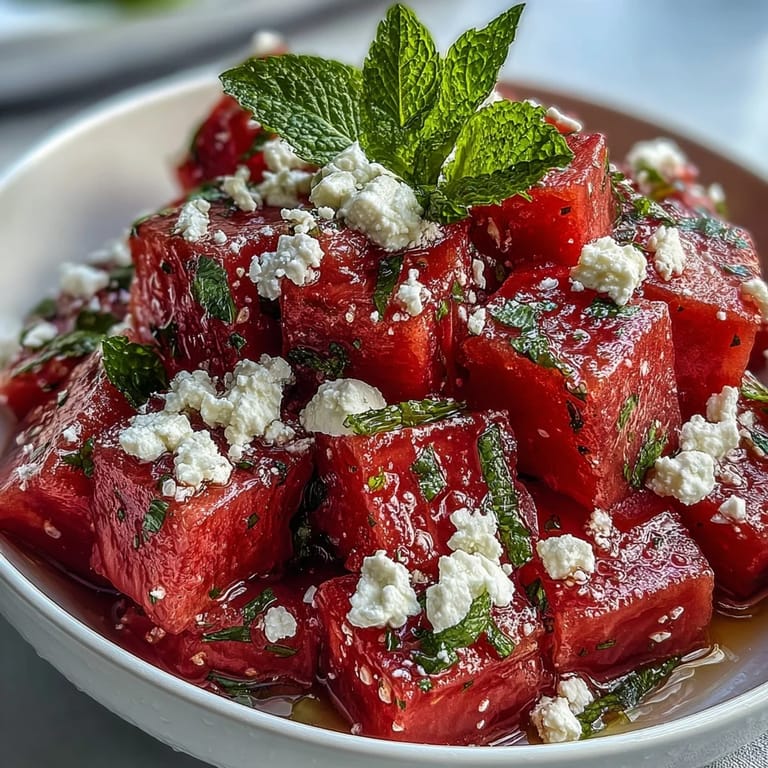 Colorful watermelon feta mint salad featuring sweet fruit, salty cheese, and fragrant herbs for a refreshing side.