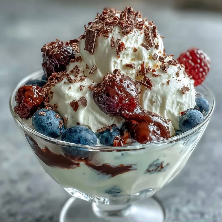 A refreshing dessert of fluffy yogurt berry sundaes topped with dark chocolate shavings and garnished with fresh mint leaves.