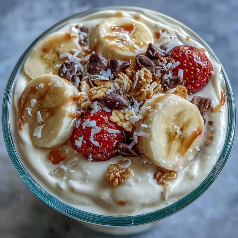 Fluffy yogurt banana split breakfast jar with ripe bananas, strawberries, blueberries, and a sprinkle of dark chocolate for a healthy start.