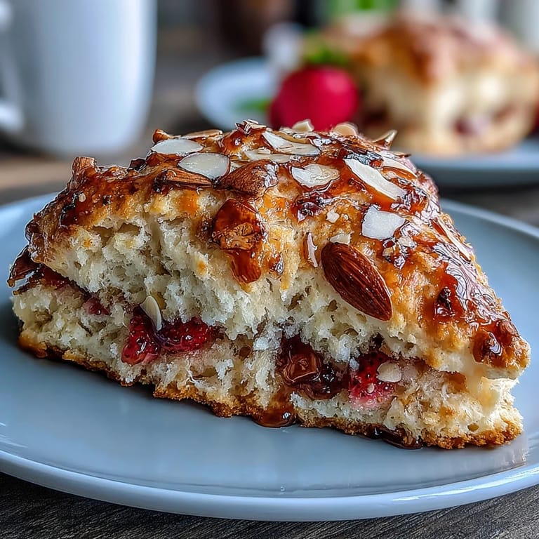 Warm scones studded with fresh strawberries and topped with toasted almond slices, their buttery aroma filling the kitchen.  