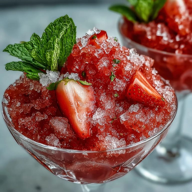Fluffy strawberry lime granita with a hint of rum, served in elegant cups and garnished with ripe berries and citrus.