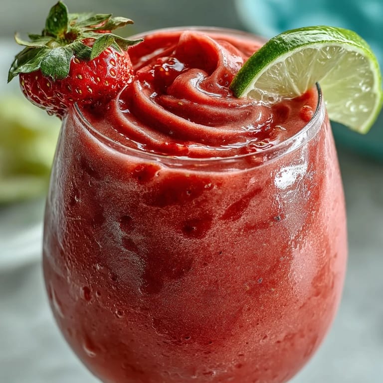 Tropical strawberry coconut daiquiri smoothie garnished with fresh strawberry slices and shredded coconut on a bright summer table.  