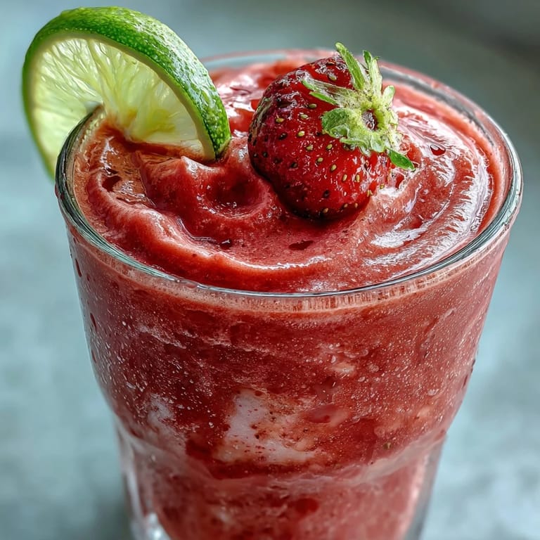 Creamy strawberry coconut daiquiri smoothie served in a tall glass with lime wedge, perfect for a vegan, dairy-free treat.