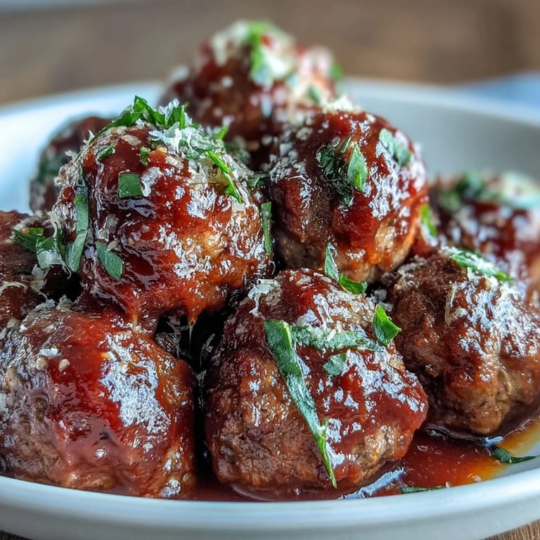 Tender homemade meatballs cooked low and slow in a savory tomato sauce, ideal for a comforting main dish or party platter.  