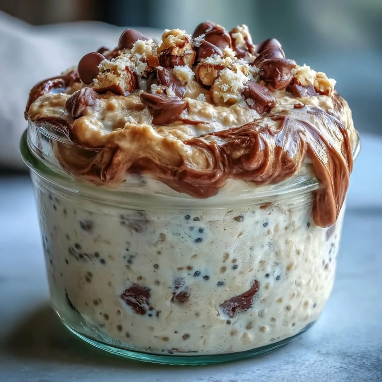 High-protein overnight oats featuring vanilla, almond butter, and mini chocolate chips for a cookie dough flavor.