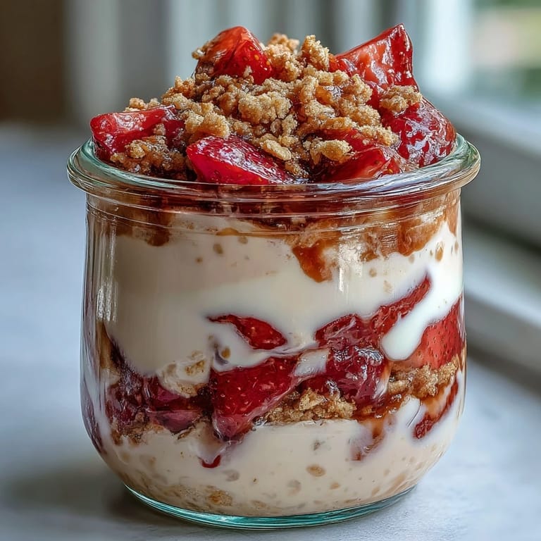 Decadent strawberry cheesecake overnight oats layered in a mason jar with Greek yogurt, fresh berries, and crushed graham crackers for texture.