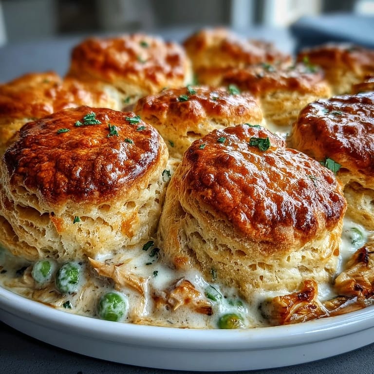 Comforting Chicken Pot Pie with Biscuit Topping: bubbling chicken and vegetable mixture crowned with tender, buttery biscuit crust.