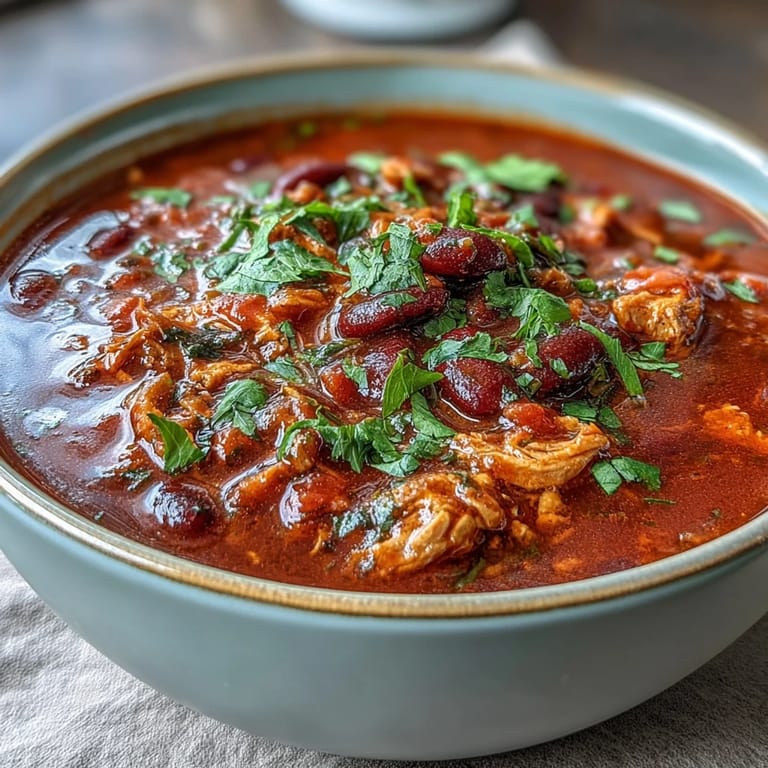 Close-up of a ladle scooping Healthy Easy One-Pot Turkey Chili with Beans from a Dutch oven, revealing hearty chunks of turkey, beans, and colorful vegetables in a rich tomato broth.