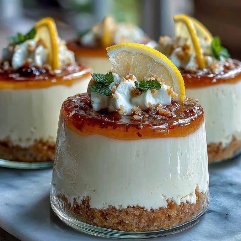 Individual dessert jars featuring buttery graham cracker crust, smooth lemon cheesecake, and bright citrus garnish.