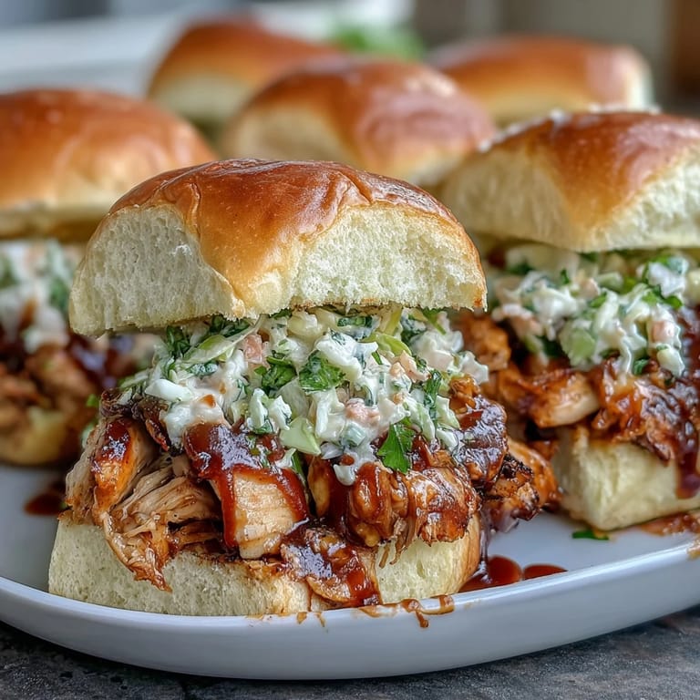 2. Tender shredded BBQ chicken topped with crisp coleslaw, served on toasted slider buns for a festive bite.