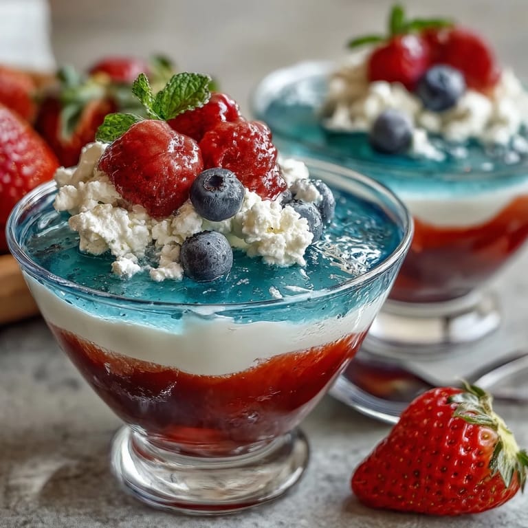 Patriotic Jello cups in red, white, and blue layers, chilled and ready for a cool, refreshing holiday dessert.  