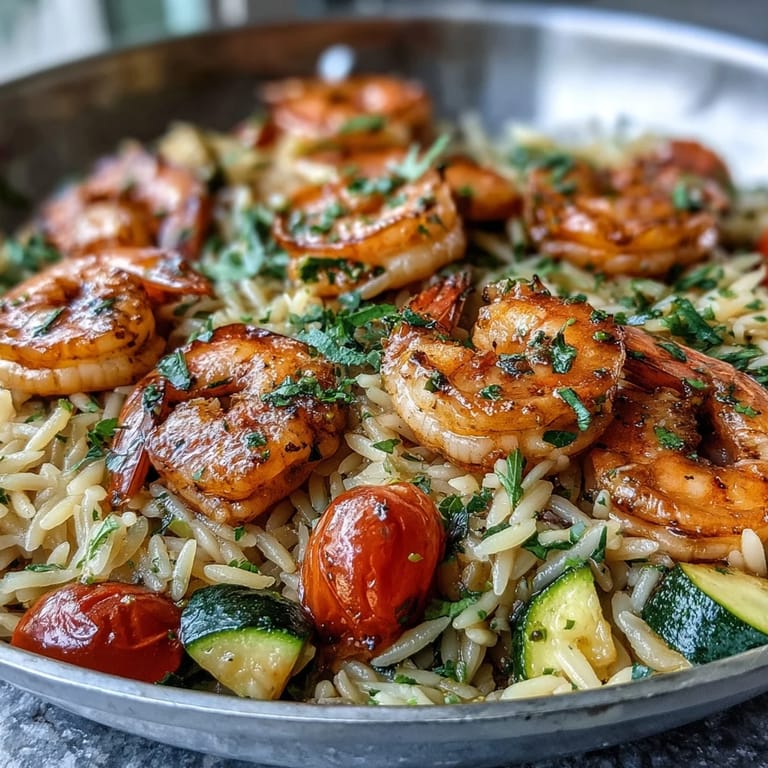 One-pan lemon butter shrimp and orzo with cherry tomatoes and zucchini, finished with fresh parsley.