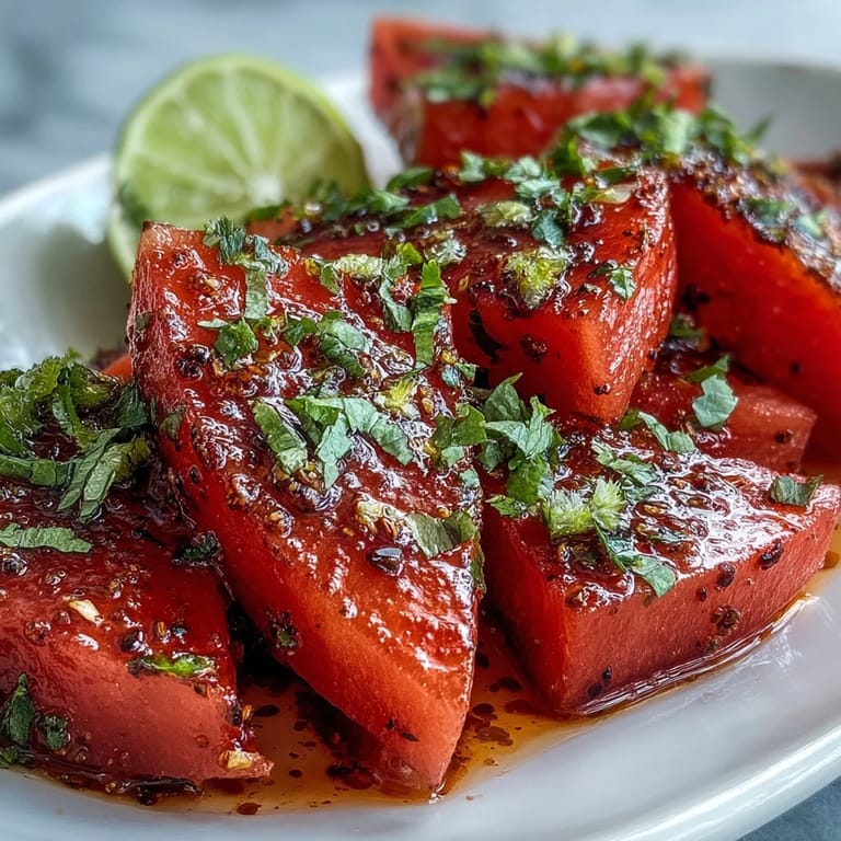 Vibrant watermelon wedges topped with Tajin chili-lime seasoning and fresh lime juice for a refreshing beach snack.  