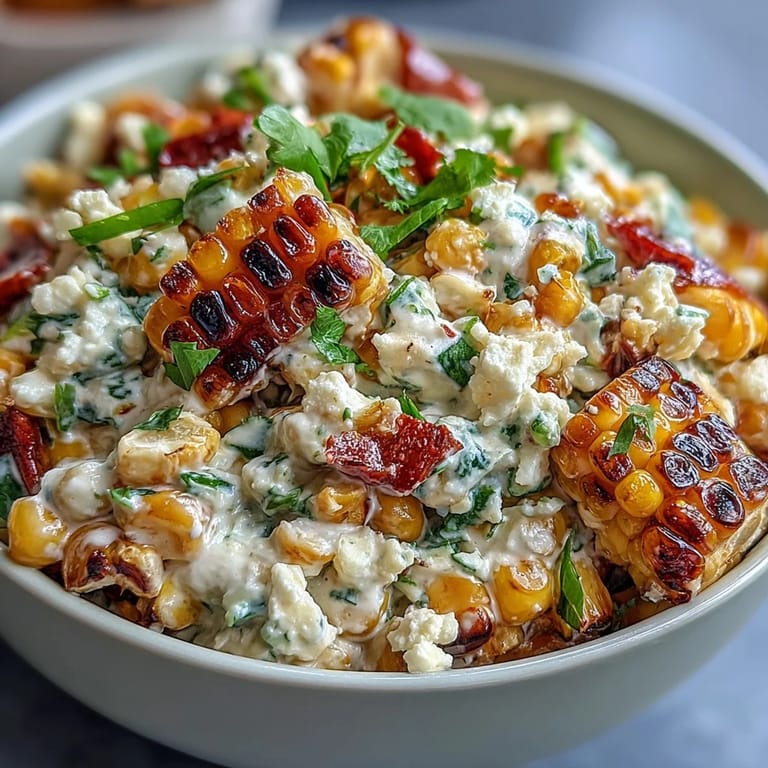 Colorful Mexican Street Corn Salad with diced red bell pepper, jalapeño, and a zesty chili-lime dressing, ready for serving.