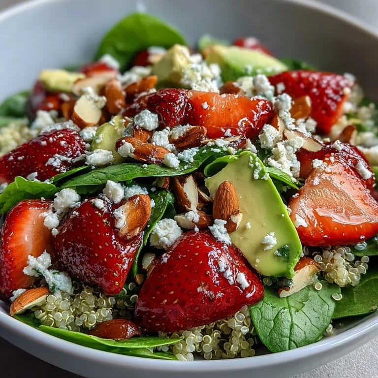 Colorful quinoa salad featuring strawberries, avocado, and toasted almonds, perfect for a healthy vegetarian lunch or light dinner.