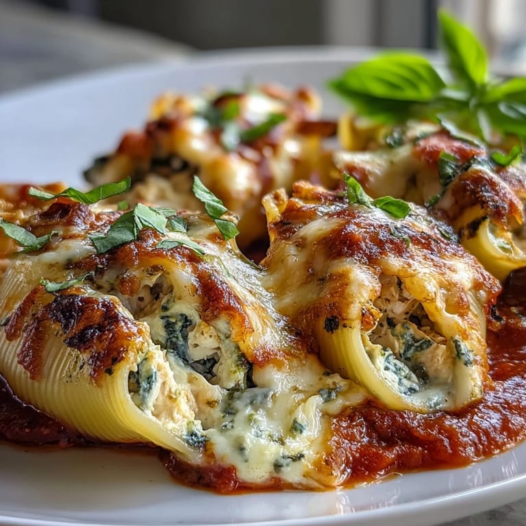 Fresh basil garnish atop baked Pesto Chicken Stuffed Shells Lite, with marinara sauce peeking out from the pasta shells.