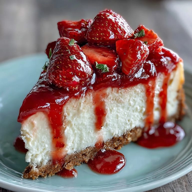 Creamy no-bake cheesecake with a crisp graham cracker base, topped with vibrant, juicy strawberry sauce.
