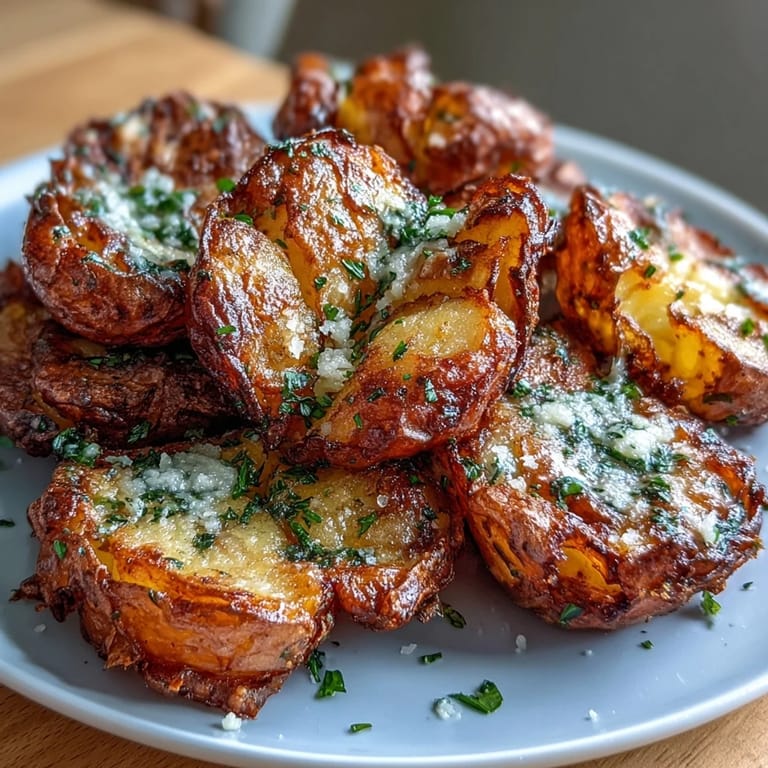 A close-up of crispy smashed potatoes, perfectly roasted with garlic and paprika seasoning.  