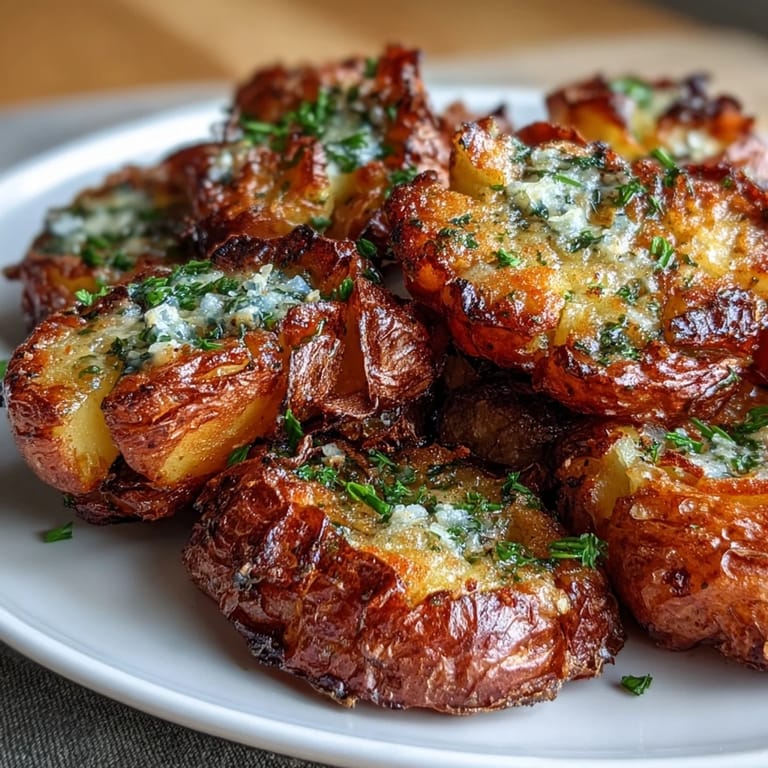 Oven-baked smashed potatoes, golden and crispy, garnished with parsley and flaky sea salt.
