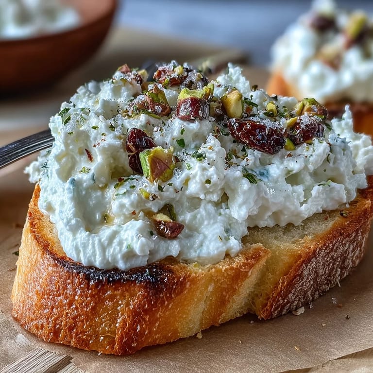 Buttery toasted bread topped with fluffy whipped ricotta, drizzled honey, and chopped pistachios for an elegant bite.