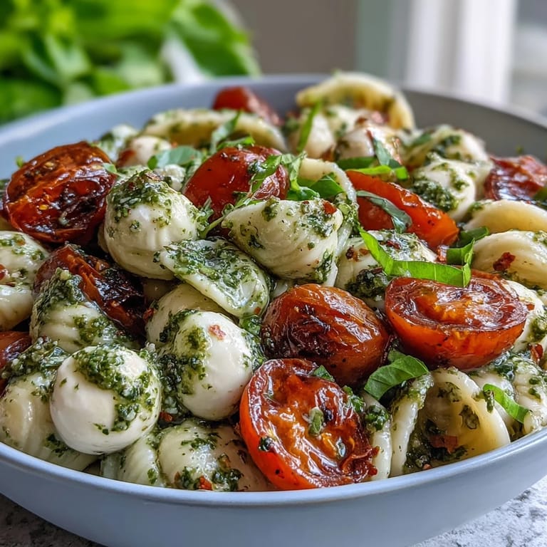 Enjoy this Caprese Pasta Salad, featuring creamy mozzarella and bright pesto, perfect chilled.