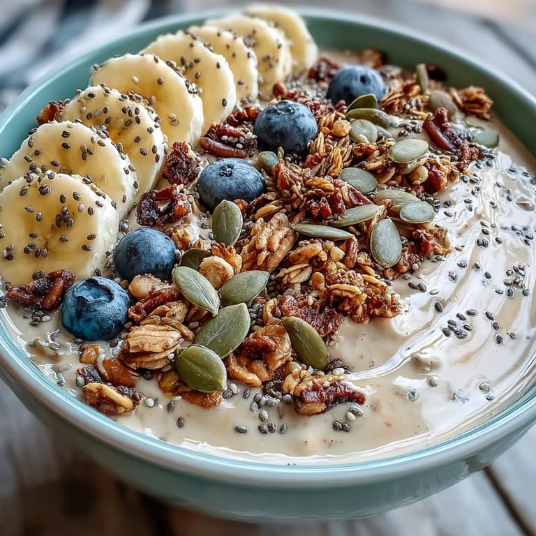 Delicious high fiber smoothie bowl piled with fresh fruit and crunchy toppings.