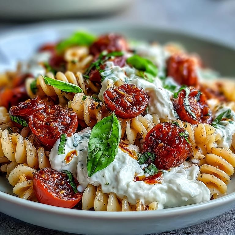 Drizzled Summer Caprese Pasta with Burrata, adorned with basil, perfect for lunch.