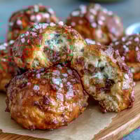 Golden sourdough pretzel bites with caramelized onions, baked to a deep brown crust and sprinkled with flaky sea salt.  