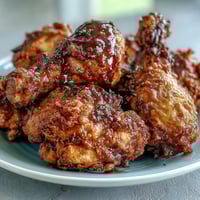 Golden baked chicken pieces coated in crispy, seasoned crust with a glossy drizzle of spicy hot honey.