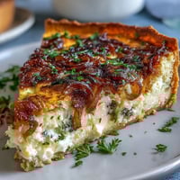 Savory spring quiche with leeks and Gruyere, baked to golden perfection and served warm for brunch.