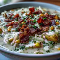 Creamy Cabbage Corn Chowder with crispy bacon bits in a steaming bowl of hearty vegetable soup.