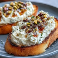 Creamy whipped ricotta spread on toasted baguette with honey drizzle and crunchy pistachios for a sweet-savory appetizer.
