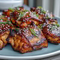 Sticky soy glazed chicken thighs baked to golden perfection with a sweet and savory garlic-ginger sauce.