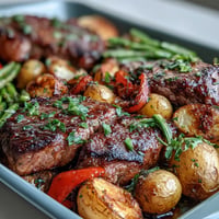 Juicy Father's Day Steak and Potato Sheet Pan Dinner, perfectly roasted.
