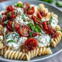 Summer Caprese Pasta with Burrata: creamy burrata atop vibrant tomatoes, basil pasta.